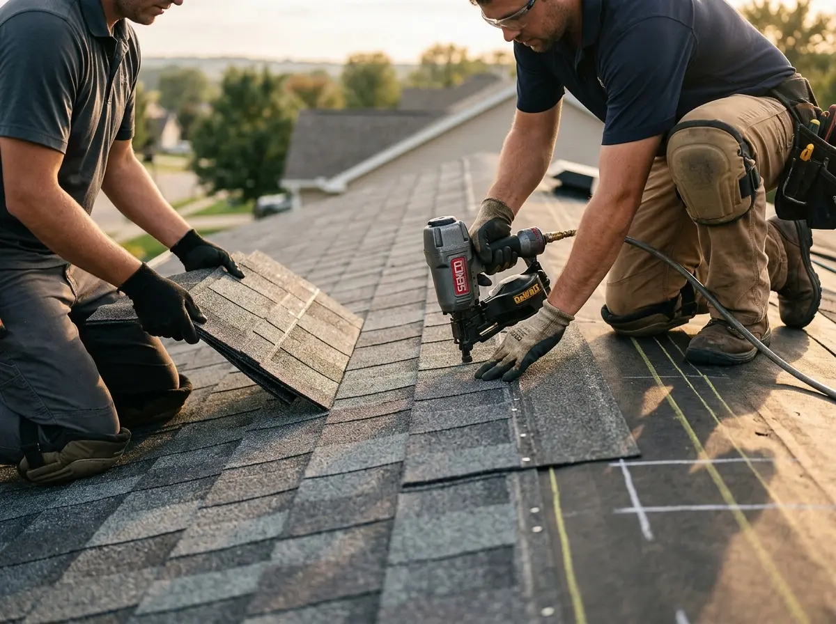 Professional roofer working on a residential roof in Rothschild
